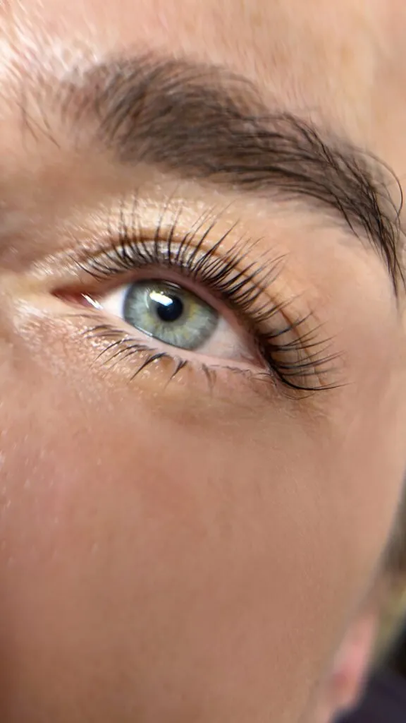 Close-up result of lash lamination and tinting in Buffalo Grove
