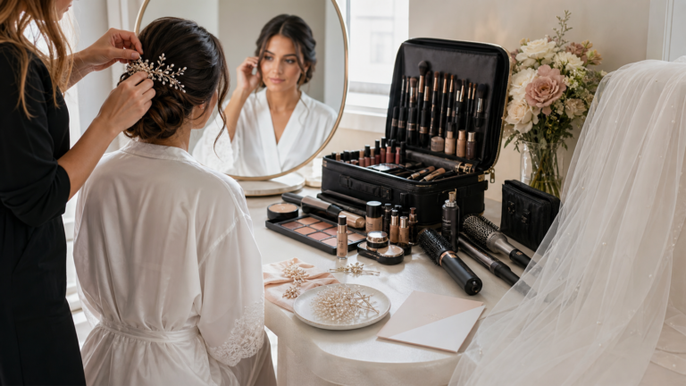 Bridal Makeup & Hair Artist in Chicago 8 Bridal hair accessories makeup kit and veil arranged for a wedding hair and makeup package